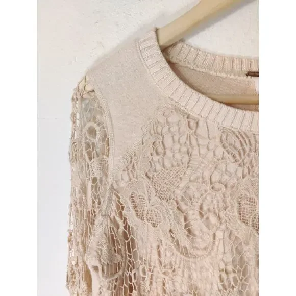 3/$20 Free People Cream Long Sleeve Lace Overlay Round Neck Sweater XS - Picture 3 of 8